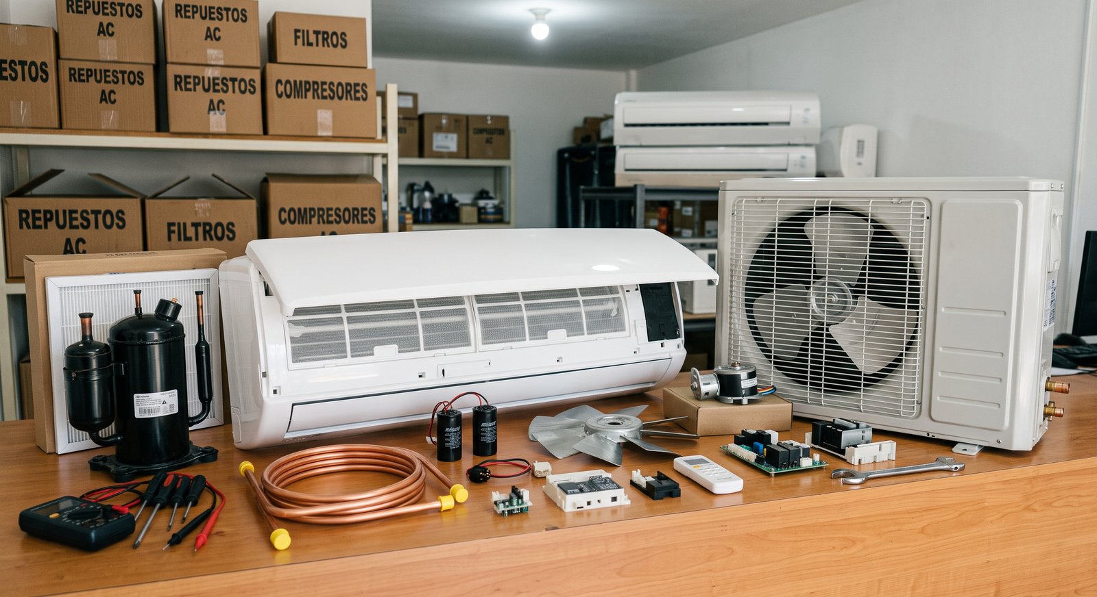 Depósito de SumiSur con repuestos, compresores y equipos de aire acondicionado